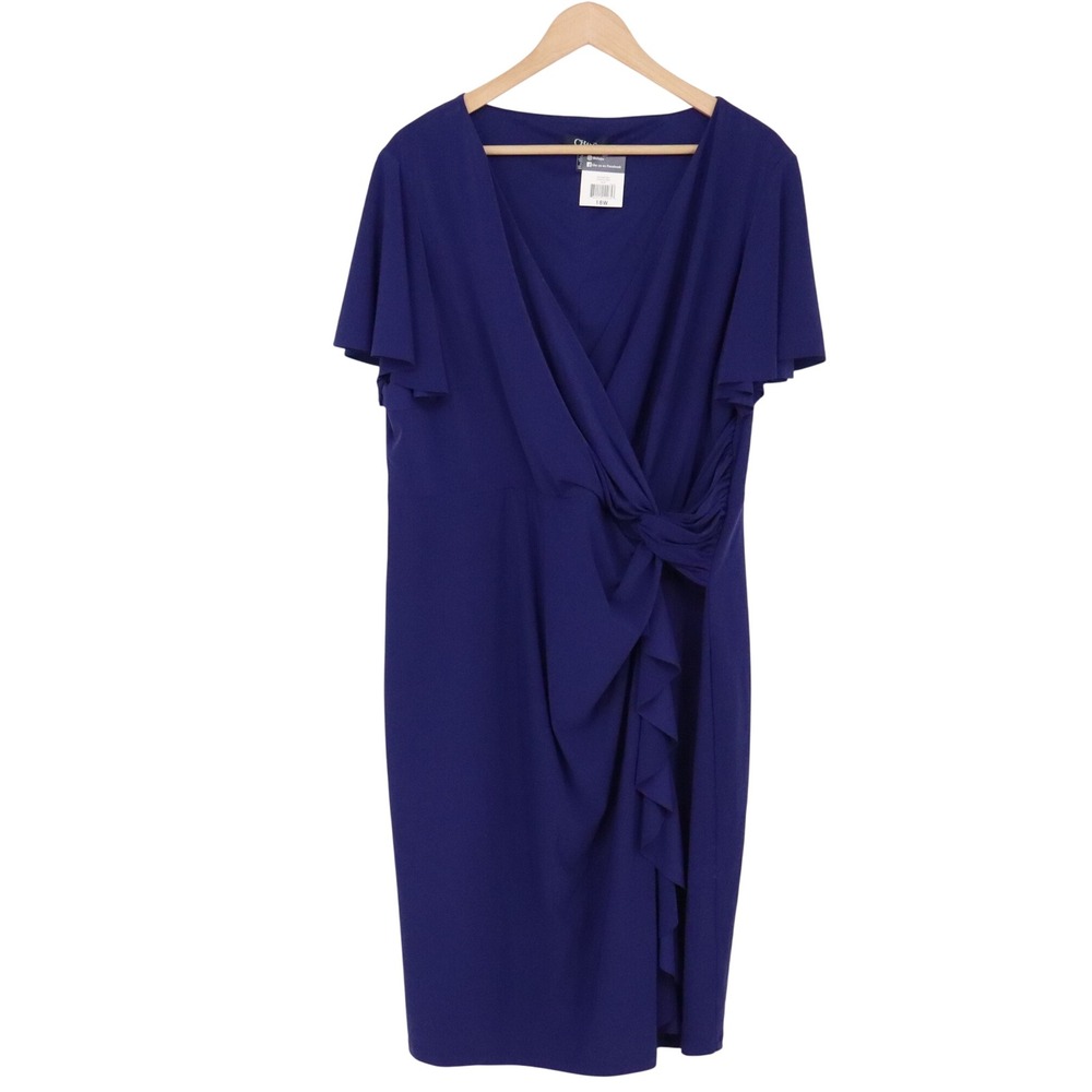 Chaps Dress Womens 18W Faux Wrap Sheath Royal Blue Ruffle Flutter Sleeve NEW